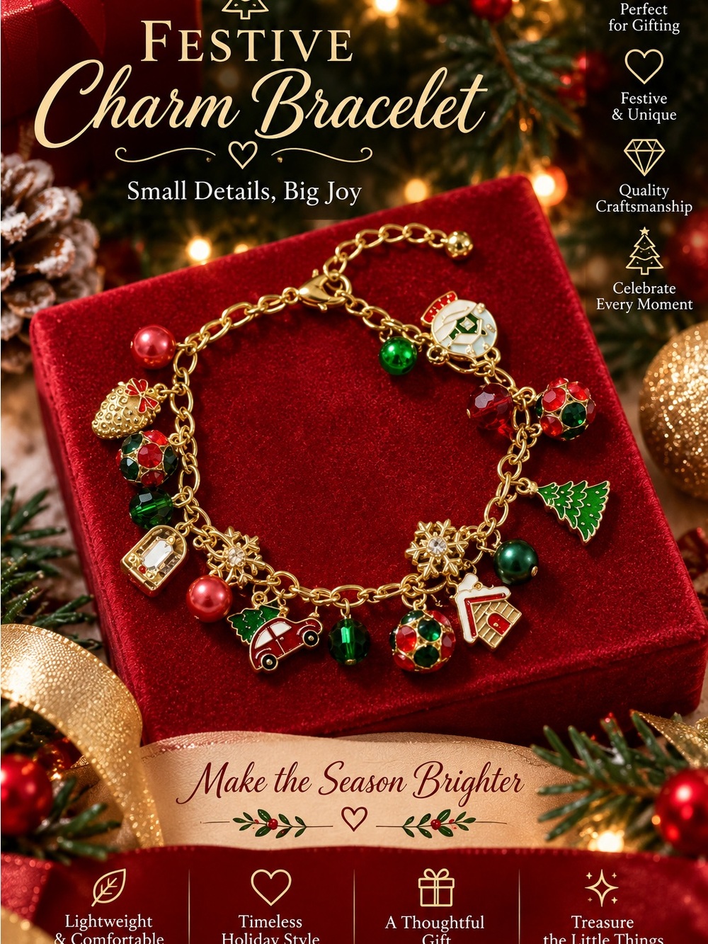 Gold Festive Charm Bracelet with Red & Green Accents - Women Jewelry